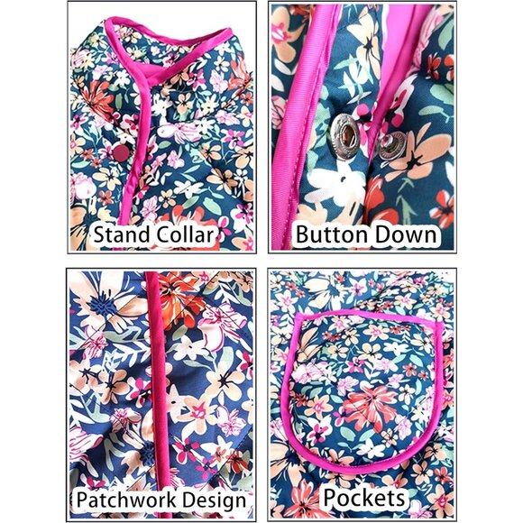 Women's Floral Quilted Jacket Crop Button Down Padded Puffer Jacket Multicolor - Picture 6 of 6